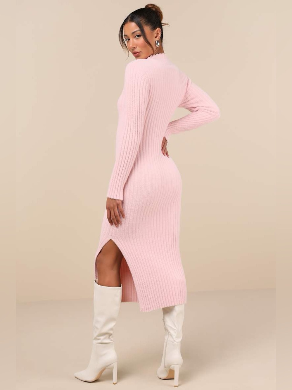 NWT Lulu's Soft Irresistible Feelings Light Pink Fuzzy Knit Midi Sweater Dress - Picture 3 of 12